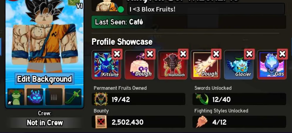 Blox Fruits | 2 GP's(Fn+DB) + 19 PERMANENTS(Kitsune,Gas,Venom,Dough,Mammoth,Blizzard++) | Dough in Inventory | 2.5M Bounty | lv. 828 | Unverified